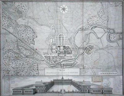 Kort over byen Rastadt, dens omgivelser og slottet (gravering) af Etienne Claude Voysard