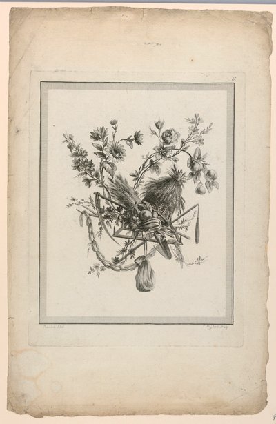Trofæ med høstredskaber, plade 6 fra "Suite of Different Attributes, Trophys and Flower Groups," Suite II af Etienne Claude Voysard
