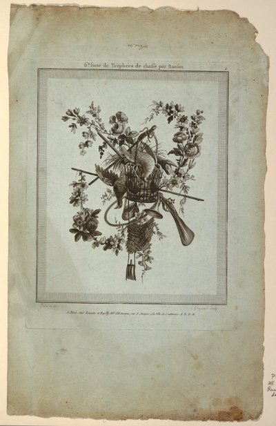 Trofæ med jagtens redskaber, plade 1 fra "Suite de Trophées de chasse," Suite VI af Etienne Claude Voysard