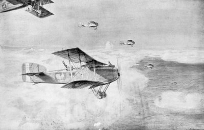 En fransk eskadron af dagbombefly over et hav af skyer, 1918, 1926. af Etienne Cournault