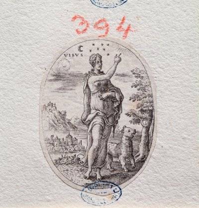 Allegori af synet, en kvinde viser himlen (gravering af Etienne Delaune