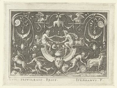 Esau sælger sin førstefødselsret til Jakob Flade dekorationer med scener fra Det Gamle Testamente i en ramme af grotesker (serietitel) af Etienne Delaune