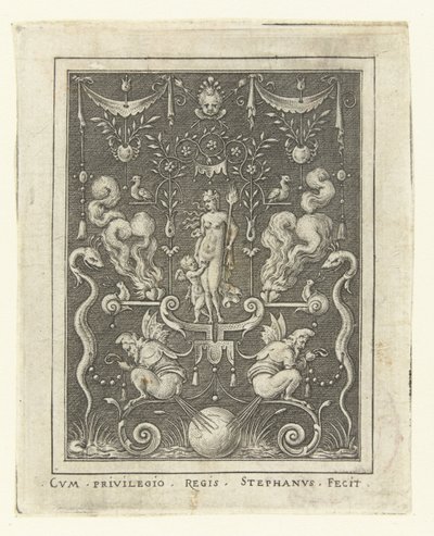 Venus med Amor mellem fire brændende hjerter Overfladedekorationer med gudefigurer i en ramme af grotesker (senere version) (serietitel) af Etienne Delaune