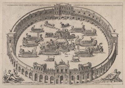 Sømandsforlovelse sat i en romersk arena med floden Tiberen og nymfer nederst til venstre..., 1577-85. af Etienne Duperac