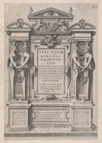 Mirror of Roman Magnificence: Titelside indgraveret i arkitektonisk og skulptur..., 1573-77. af Etienne Duperac