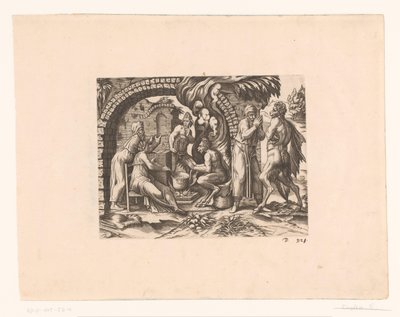 Fabel om satyren og bonden, der blæser i hans suppe og i hans hænder af Etienne Dupérac (attributed to)