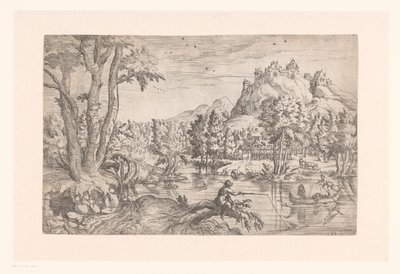 Landskab med fisker og slot på bjergtop af Etienne Dupérac (attributed to)