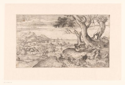 Landskab med en kvindelig satyr, der fodrer et satyrbarn af Etienne Dupérac (attributed to)