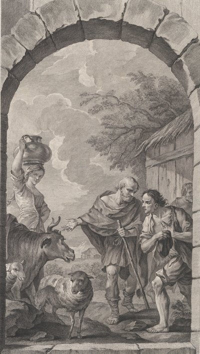 The Chapel of the Foundlings i Paris: Gruppe af hyrder foran et sommerhus, 1757. af Etienne Fessard