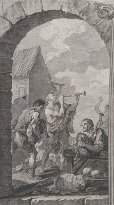 The Chapel of the Foundlings i Paris: Gruppe af hyrder: trompetspillere og m..., 1754. af Etienne Fessard