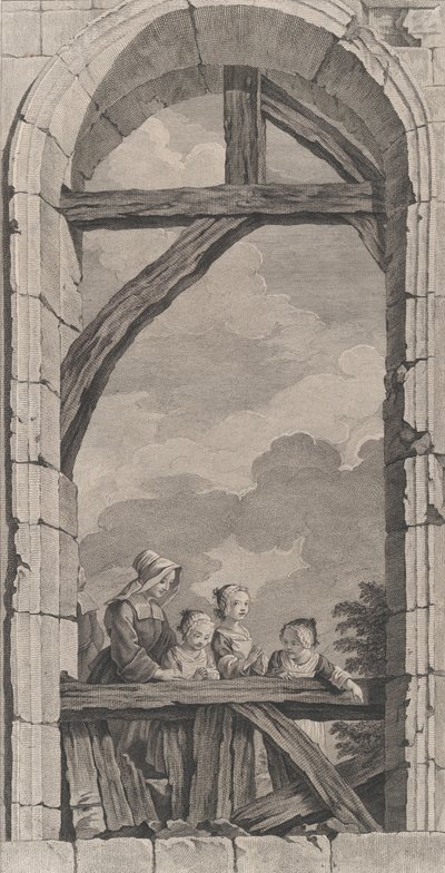 The Chapel of the Foundlings i Paris: Nonne og små piger ser på crec..., 1756. af Etienne Fessard