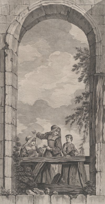 The Chapel of the Foundlings i Paris: Nonner og drenge ser på fødselsscenen,..., 1757. af Etienne Fessard