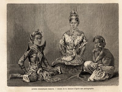Siamesiske dramatiske kunstnere, tegnet af E.Bocour, for at illustrere Henri Mouhots rejse ind i kongerigerne Siam, Cambodja og Laos fra 1858 til 1861. Indgravering i "" Le tour du monde"", redigeret af Edouard Charton af Etienne Gabriel Bocourt