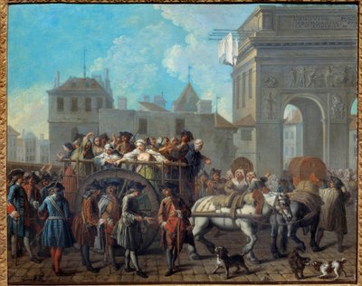 Glædepigernes adfærd i Salpetriere, passagen ved Saint Bernards porte. Det nuværende Salpetriere Hospital var oprindeligt et fængsel og et hospice for kvinder. Maleri af Etienne Jeaurat (1699-1789) 1757 Dim. 0,65 x 0,82 m Paris, Musee Car af Étienne Jeaurat