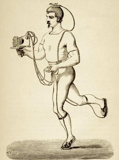 Runner forsynet med apparatet beregnet til at registrere hans forskellige skridt, fra Popular Science Monthly, pub.1875 af Etienne Jules Marey