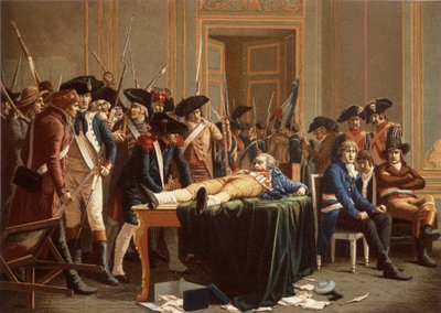 Morgenen den 10. Thermidor År II; Maximilien de Robespierre, med en brækket kæbe, spredt på et bord (chromolitho) af Etienne Lucien (after) Melingue