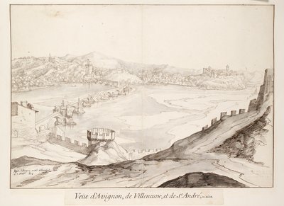 Udsigt over broen ved Avignon mod Villeneuve, begyndelsen af det 17. århundrede af Etienne Martellange