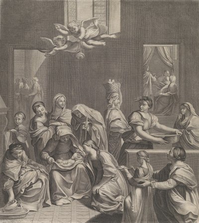 Jomfruens fødsel, kvinde siddende med et spædbarn i skødet, talrige kvinder omkring..., 1677. af Etienne Picart