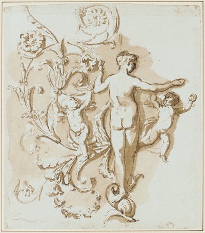 En kvindelig nøgen set bagfra, med to putti, blandt akantus-bladdekoration af Etienne de Lavallee Poussin