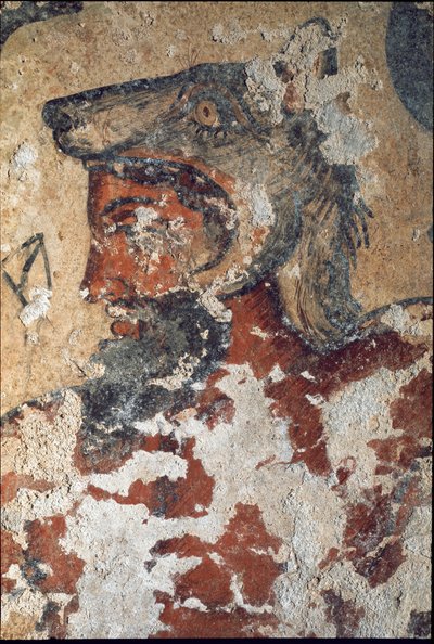 Aita (Eiza), etruskisk gud efter døden, iført en ulvehue (detalje af fresco, 4. f.Kr.) af Etruscan