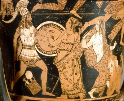 Antik etrusk: krater i klokke, der repræsenterer ødelæggelsen af Troja: detalje, der repræsenterer Menelas mod Afrodite, Helene er repræsenteret til højre. Fra Falerii Veteres (Civita Castellana). 350-300 f.Kr. Rom, Museo Nazionale di Villa Giulia af Etruscan