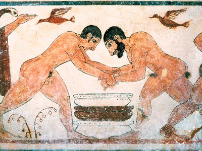 Etruskisk kunst: Atleter afbildet i Augurs grav i nekropolis Monterozzi Tarquinia, nær Viterbo, Italien. Fresko fra det 6. århundrede f.Kr. af Etruscan