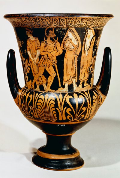 Calyx-krater (stor vase) af Turmuca-maleren, der viser en scene fra underverdenen med Charon og piger. Rød-figur keramik fra Vulci (Lazio). Etruskisk civilisation, 330-300 f.Kr. af Etruscan