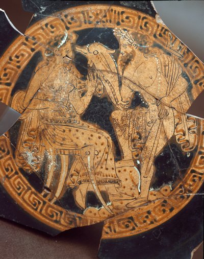 Etruskisk antikvitet: detalje af en kylix, der repræsenterer Poseidon og Amphitrite. Fra Falerii Veteres (Civita Castellana) 6. århundrede f.Kr. Rom, Nationalmuseet for Villa Giulia af Etruscan