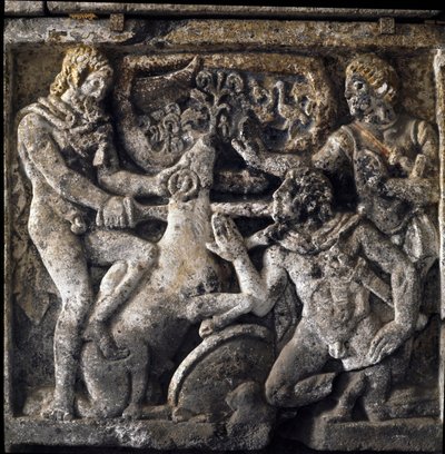 Etruskisk kunst: "" Ulysses til dødsriget, der ofrer et får for at konsultere den blinde spåmand fra Theben Tiresias"" Episode af Homeres Odyssee. Detalje af et lavt relief af sarkofag fra det 4. eller 3. århundrede f.Kr. Fra Torre San Severo. Orvieto, Mus af Etruscan