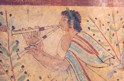 Etruskisk kunst: en fløjtespiller. Detalje af en fresco ved leopardernes grav, i nekropolis de Monterozzi, Italien, beg af 5. århundrede f.Kr. (fresco) af Etruscan