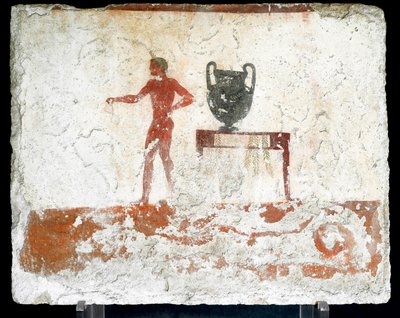 Etruskisk kunst: en ung nøgen efebe nær et bord, hvor en vase er placeret. Fresko af "dykkerens" grav. Fra Paestums sydlige kirkegård. 480-470 f.Kr. Museo Archeologico Nazionale, Paestum af Etruscan