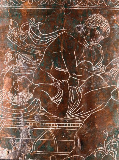 Etruskisk kunst: detalje af bronze Ficoroni Cistus, der repræsenterer legenden om Argonauterne: Argos skib. Fra Preneste (Palestrina). 340 f.Kr. Museo Nazionale di Villa Giulia, Rom af Etruscan