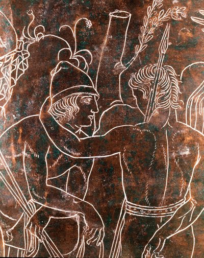 Etruskisk kunst: detalje af bronze Ficoroni Cistus, der repræsenterer legenden om Argonauterne. Fra Preneste (Palestrina). 340 f.Kr. Nationalmuseet for Villa Giulia, Rom af Etruscan
