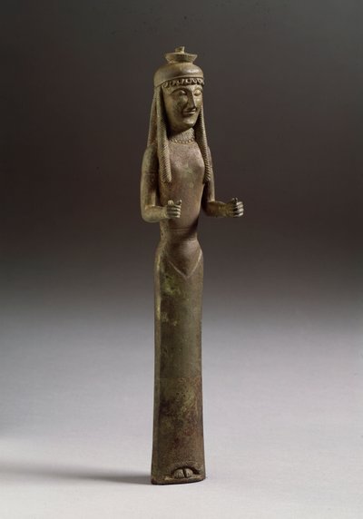 Etruskisk kunst: offerfigur (etruskisk kunst, en offerfigur, bronzeskulptur fra Italien, 550 f.Kr., Dim 36 cm) Bronzeskulptur, Italien 550 f.Kr. Firenze, Museo Archeologico af Etruscan
