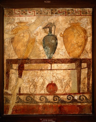 Etruskisk kunst: bord med vaser med tilbud. Fresko fra kirkegården i Paestum. 4. århundrede f.Kr. Museo Archeologico Nazionale, Napoli, Italien af Etruscan