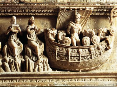 Etruskisk civilisation, alabasturne, detalje af relief, der viser Odysseus og sirener af Etruscan