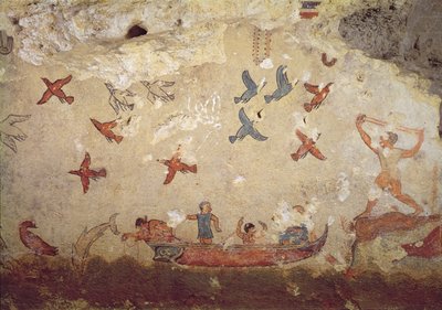 Fiskere i en båd og fugle, der flyver, fra graven for fiskeri og jagt, ca. 520-510 f.Kr. (vægmaleri) af Etruscan