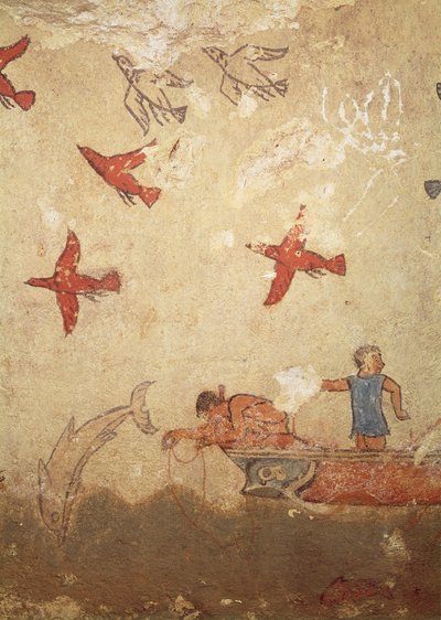 Fiskerbåd, fra graven for jagt og fiskeri, ca. 520-10 f.Kr. (vægmaleri) af Etruscan
