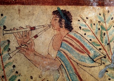 fløjtenist. Detalje af en fresko af leopardernes grav, 5. århundrede f.Kr af Etruscan