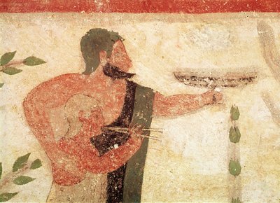Hoved af en mand og et barn, der spiller på en dobbeltfløjte, fra baronens grav, ca. 500 f.Kr., vægmaleri, detalje af 407470 af Etruscan
