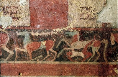 Heste og rytter. (Detalje af freskomaleri, 510 f.Kr.) af Etruscan