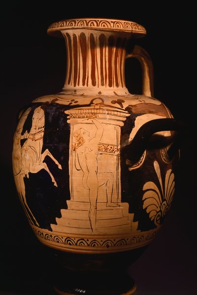 Hydria af maleren af Biga Vaticana (Vatican Chariot), der viser detaljer i aedicule med maleren på arbejde. Keramik med rød figur. Etruskisk civilisation, 4. århundrede f.Kr. af Etruscan
