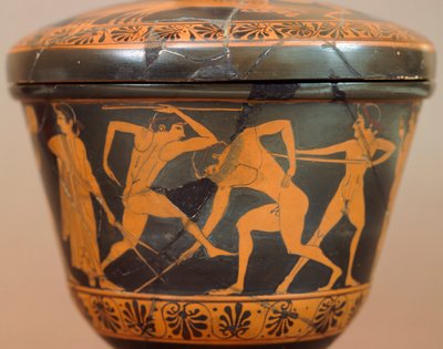 Pyxis med atleter i fitnesscenteret. Keramik med rød figur, fra Cerveteri (Lazio). Etruskisk civilisation, 4. århundrede f.Kr. af Etruscan