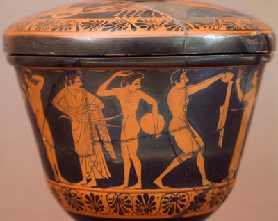 Pyxis med atleter, der udfører diskos og andre discipliner. Keramik med rød figur, fra Cerveteri (Lazio). Etruskisk civilisation, 4. århundrede f.Kr. af Etruscan