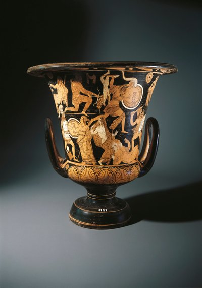 Keramik med rød figur, bægerkrater forestillende Neoptolemus, Astyanax, Helen af Troja og Priamo på jorden, af Nazzano Painter, fra Civita Castellana af Etruscan