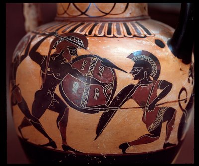 Terracotta amfora med repræsentation af en duel mellem to soldater, 520-500 f.Kr. af Etruscan