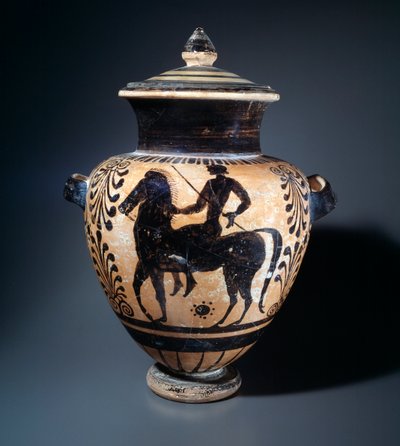 Terracotta stamnos, der repræsenterer en rytter, 500-490 f.Kr af Etruscan