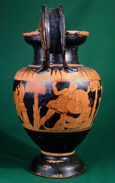 Volute krater af maleren fra Mainz, der skildrer en kamp mellem en kriger og en Amazonas. Keramik med rød figur. Etruskisk civilisation, 4. århundrede f.Kr. af Etruscan