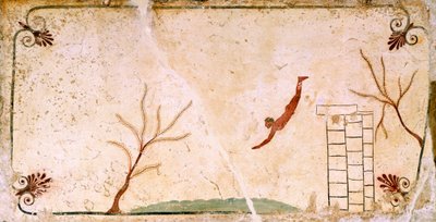 dykker, ca. 480-490 f.Kr., dekorativ fresko fra dækpladen til dykkerens grav i Paestum, Campania, Italien, 5. århundrede f.Kr. af Etruscan