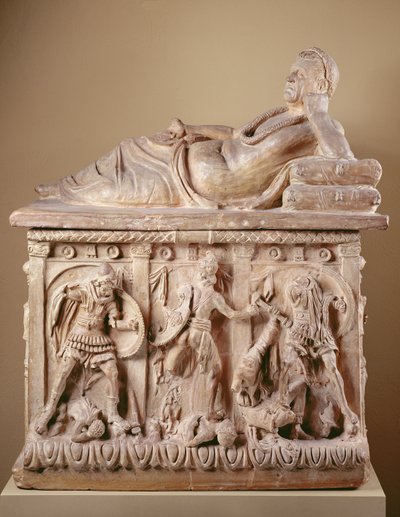 Cinerary Urne, 2. århundrede f.Kr. (terracotta med polykrom) af Etruscan Etruscan